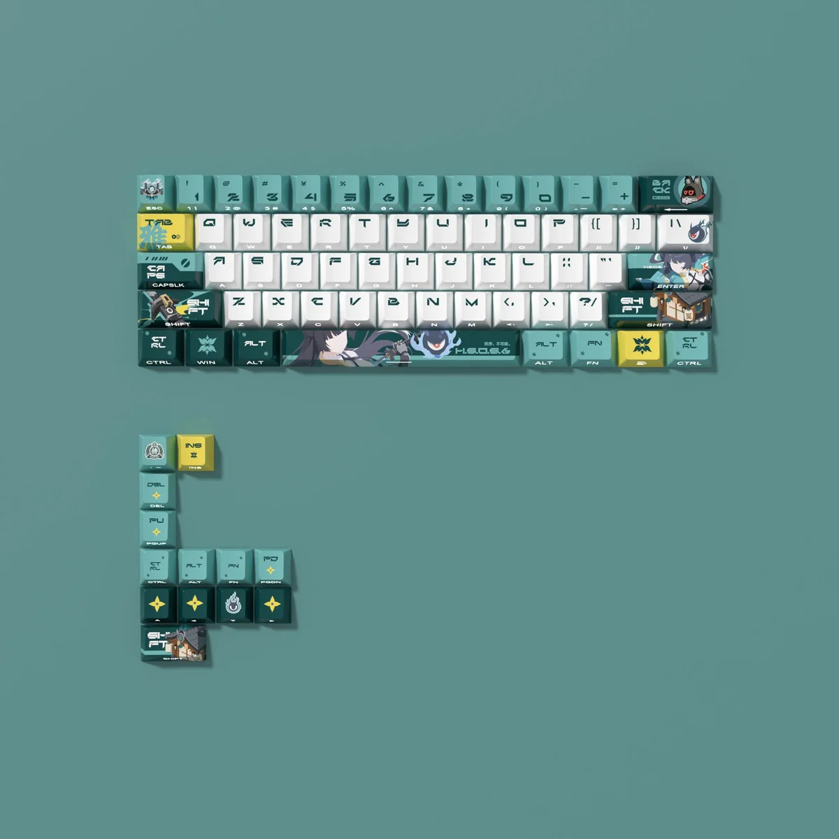 Zenless Zone Zero Hoshimi Miyabi four-sided PBT keycaps, showcasing vibrant character art and optimal backlighting for an immersive aesthetic.
