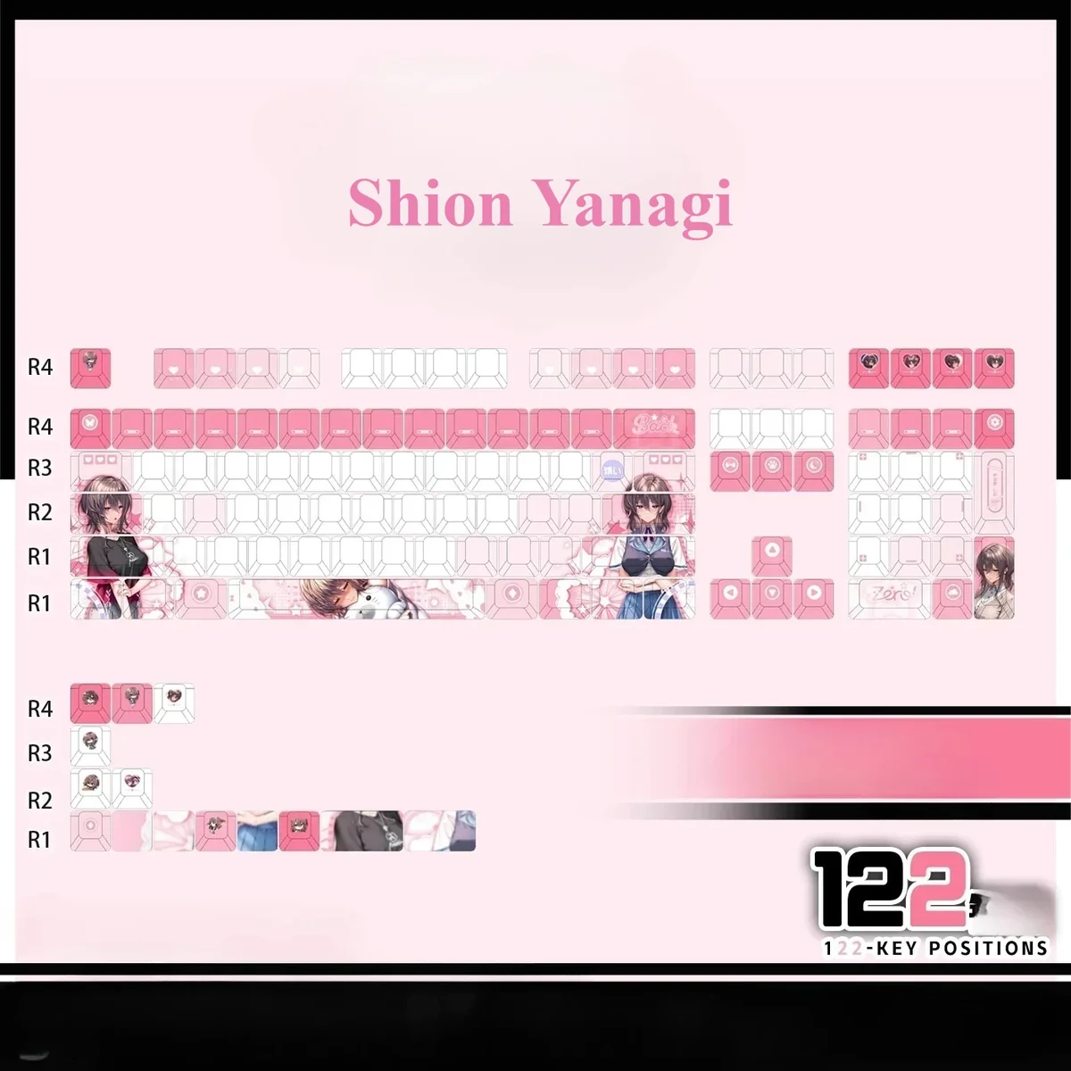 Exclusive Amakano 3 Shion Yanagi backlit PBT keycap, presented in a gallery view. Vibrant anime character art shines.