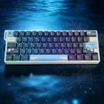 Artistic Arknights Skadi side-printed backlit PBT keycaps, shown from multiple angles, revealing the dark oceanic character art and clean legends.