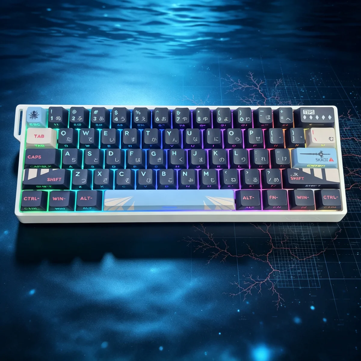 Artistic Arknights Skadi side-printed backlit PBT keycaps, shown from multiple angles, revealing the dark oceanic character art and clean legends.