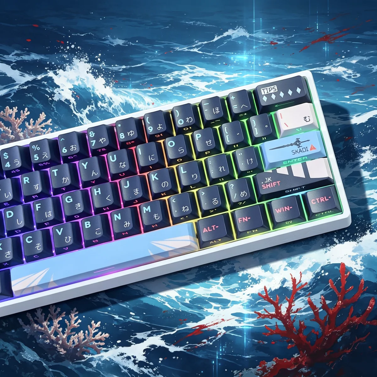 Arknights Skadi side-printed backlit PBT keycaps. Multiple angles showcase the dark oceanic character art and clean, illuminated legends.