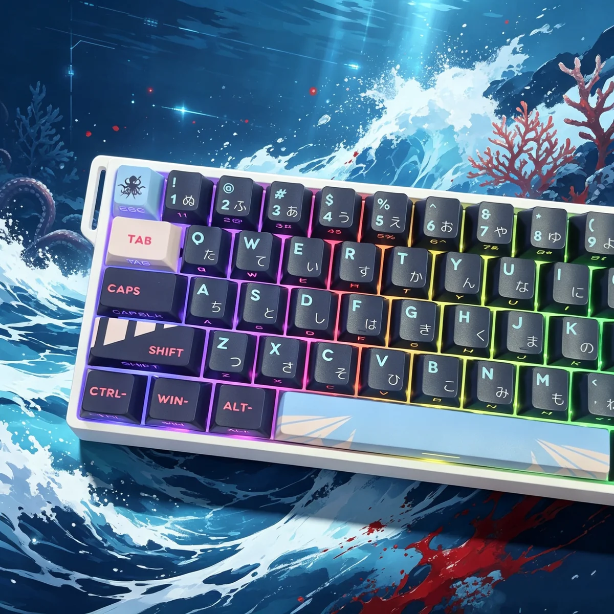 Artistic Arknights Skadi PBT keycaps, side-printed and backlit, displayed from multiple perspectives to reveal intricate dark oceanic character design.