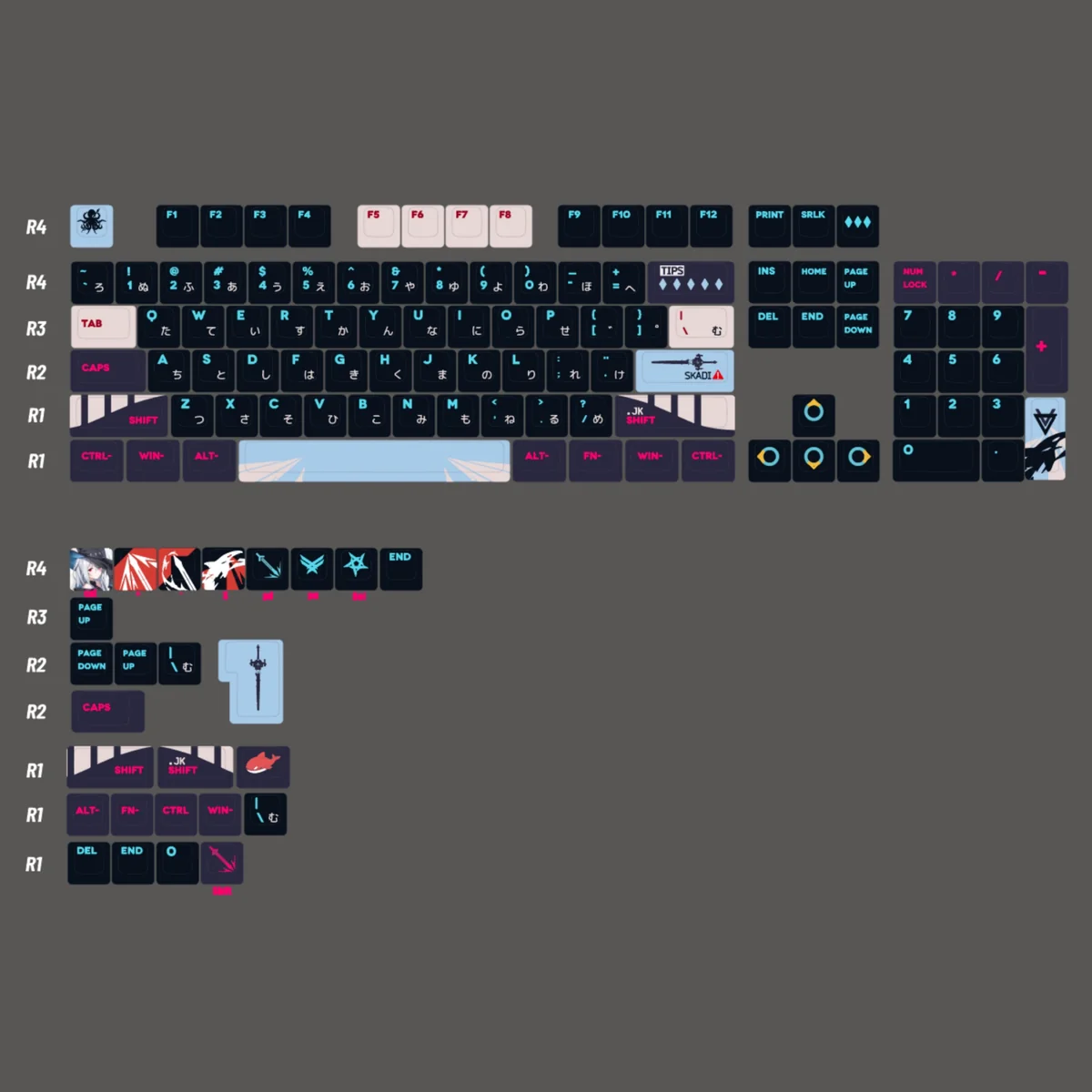 Artistic gallery of Arknights Skadi side-printed backlit PBT keycaps, showcasing dark oceanic character art and luminous legends from multiple details.