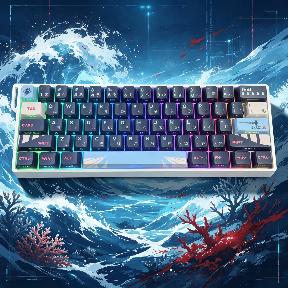 Experience the artistic depth of Arknights Skadi side-printed backlit PBT keycaps, featuring dark oceanic character art on a keyboard.