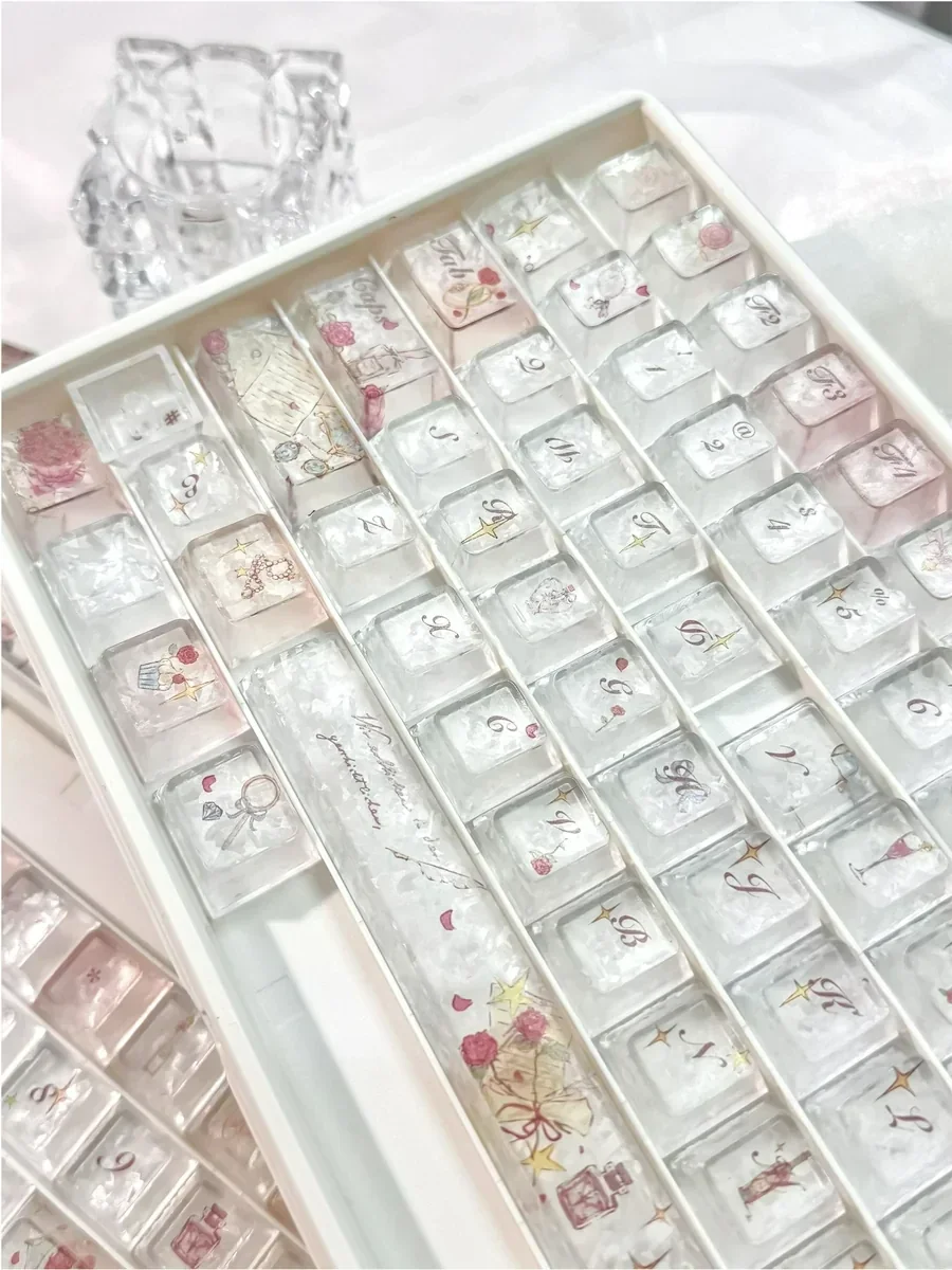 Artisan Rose Keycap Set: Frosted crystalline rose motif, translucent PC, carbon texture. Angles show personalized elegance for mechanical keyboards.
