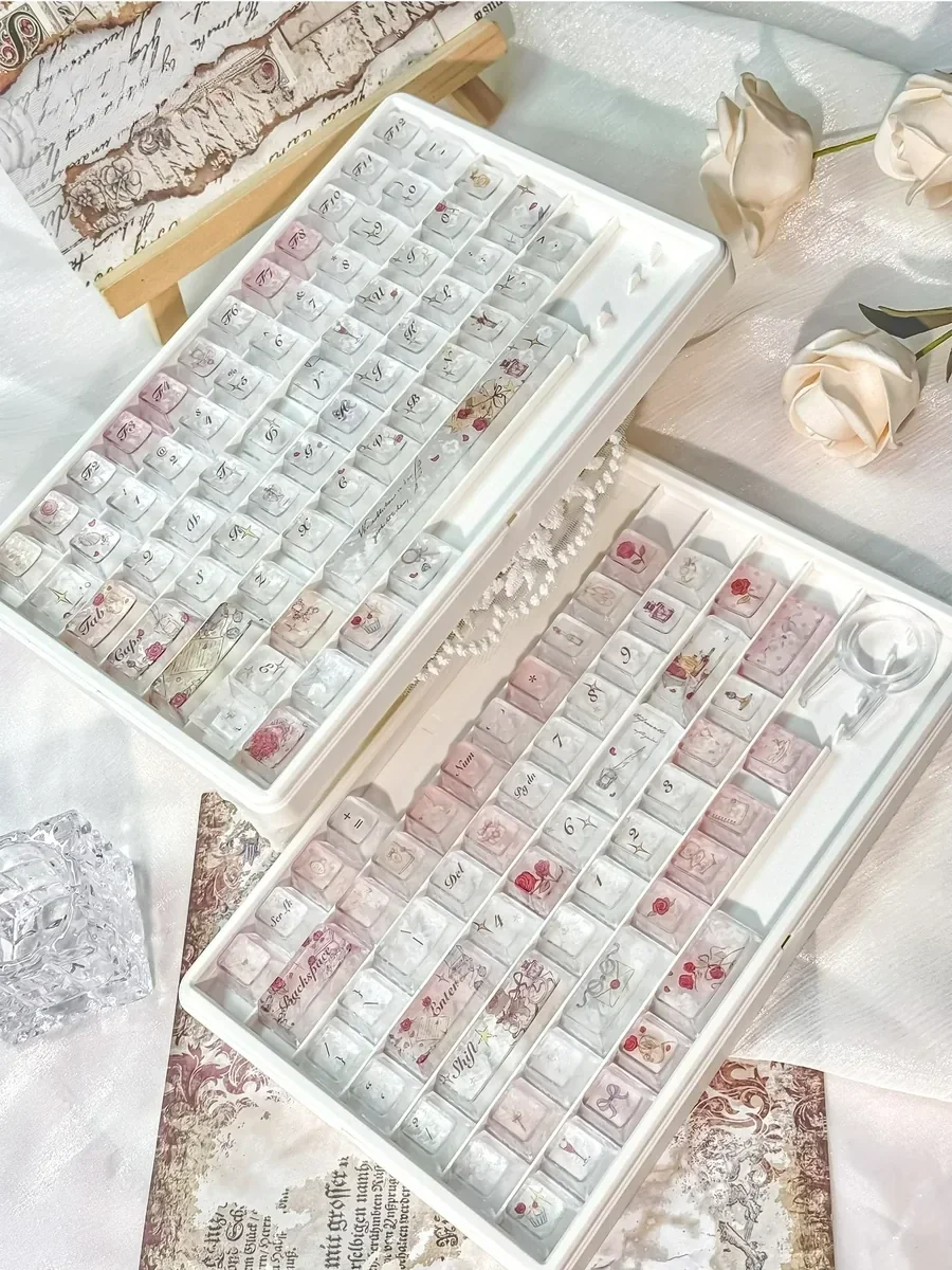 Artisan Rose Keycap Set in various angles, showcasing its frosted elegance, crystalline rose, and translucent PC, for personalized mechanical keyboards.