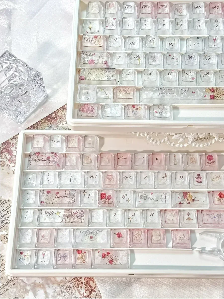 Artisan Rose Keycap Set, from various angles, showcases its exquisite frosted rose motif. Translucent PC material with carbon texture for personalized elegant setup.