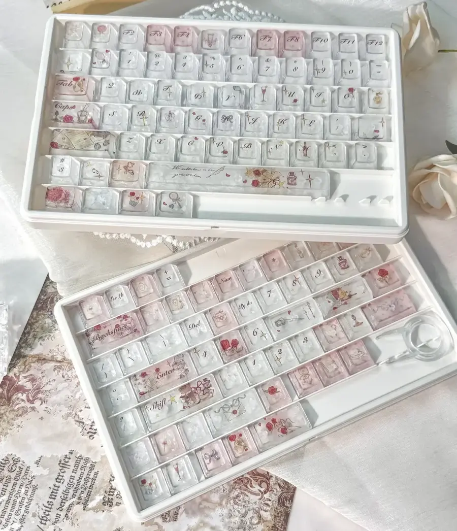 Artisan Rose Keycap Set gallery: Frosted crystalline rose motifs on translucent PC. Carbon texture accents, all angles, offer personalized elegance for keyboard.