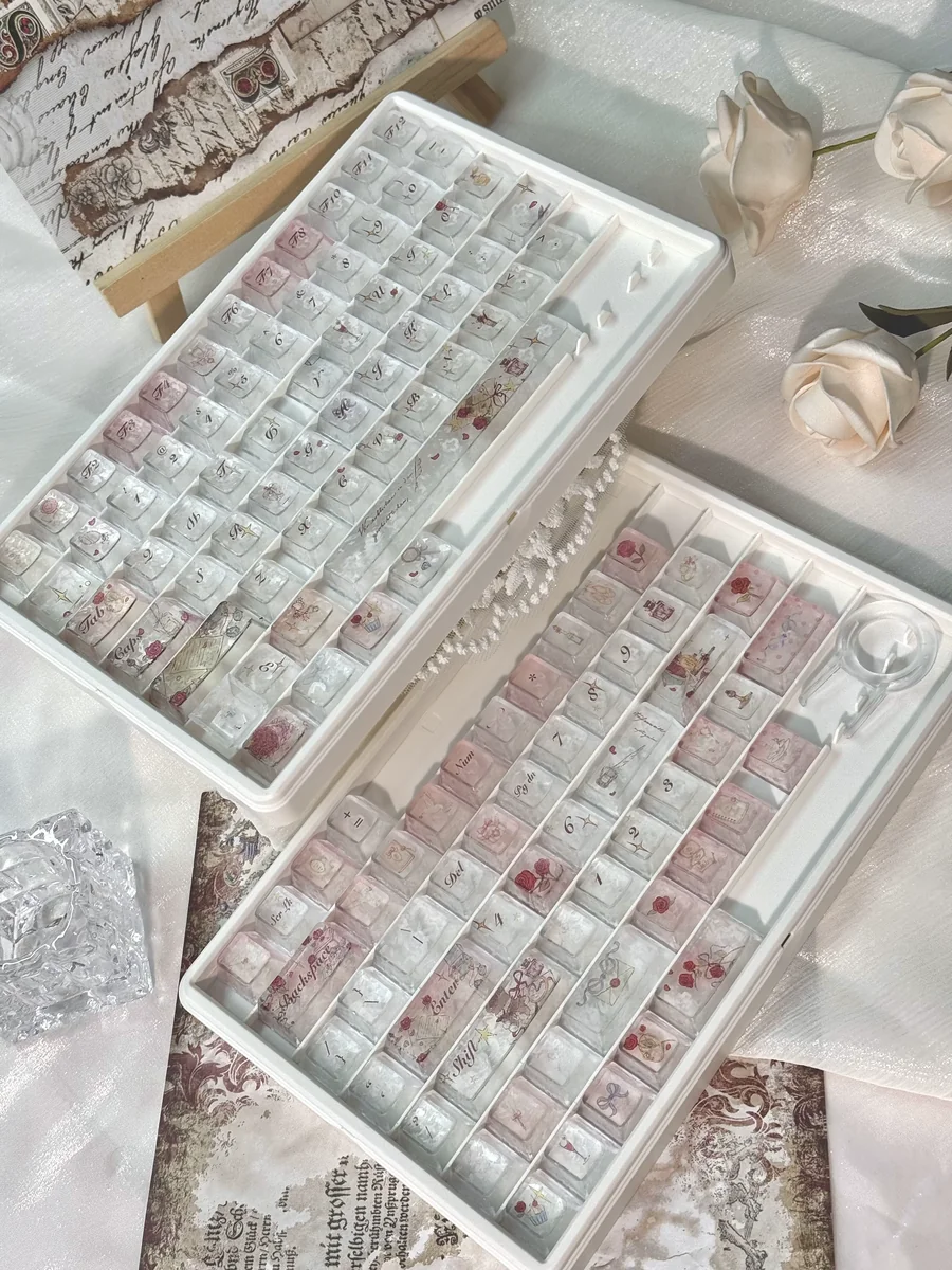 Artisan Rose Keycap Set (Cherry profile) with frosted ice crystal rose and delicate carbon texture, adding personalized elegance to your mechanical keyboard.