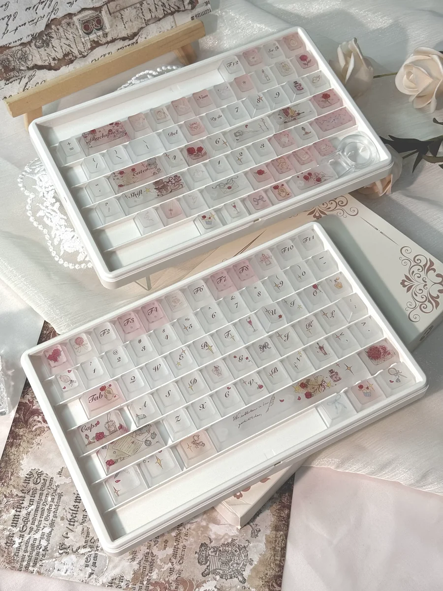 Frosted Translucent Rose Letter Artisan Keycap Set, Cherry profile, displaying delicate crystalline elegance for personalized mechanical keyboards.