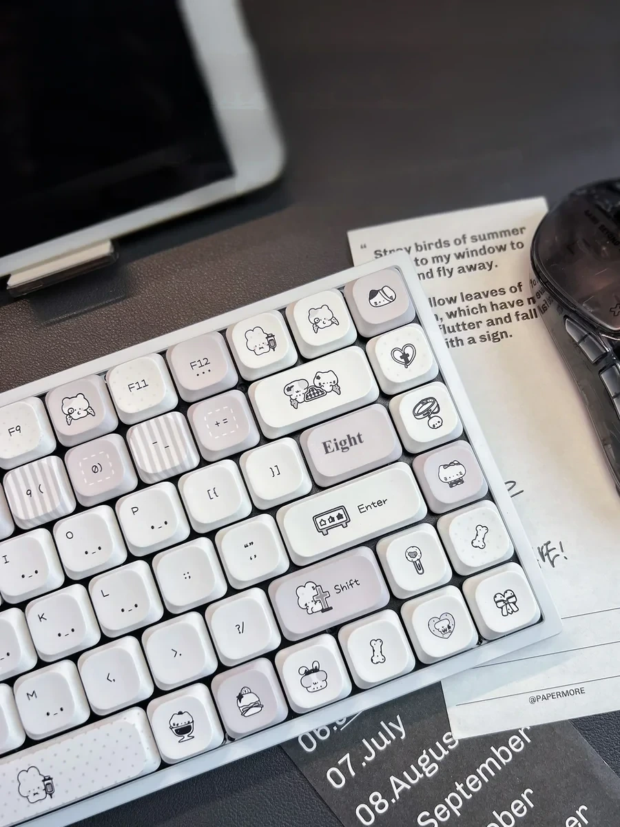 Asian-Style Cute Creatures Low Shaft Keycap Set with charming Asian characters in pastel, shown from various angles, highlighting their durable and unique character design.