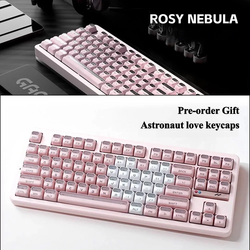 Detailed view of Astronaut XDA keycaps, showcasing translucent PBT+PC construction with crisp cosmic astronaut and nebula legends from an artistic angle.