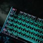Angled view of Astronaut XDA keycaps, revealing translucent PBT+PC material. Crisp cosmic astronaut and nebula legends offer a premium celestial keyboard.