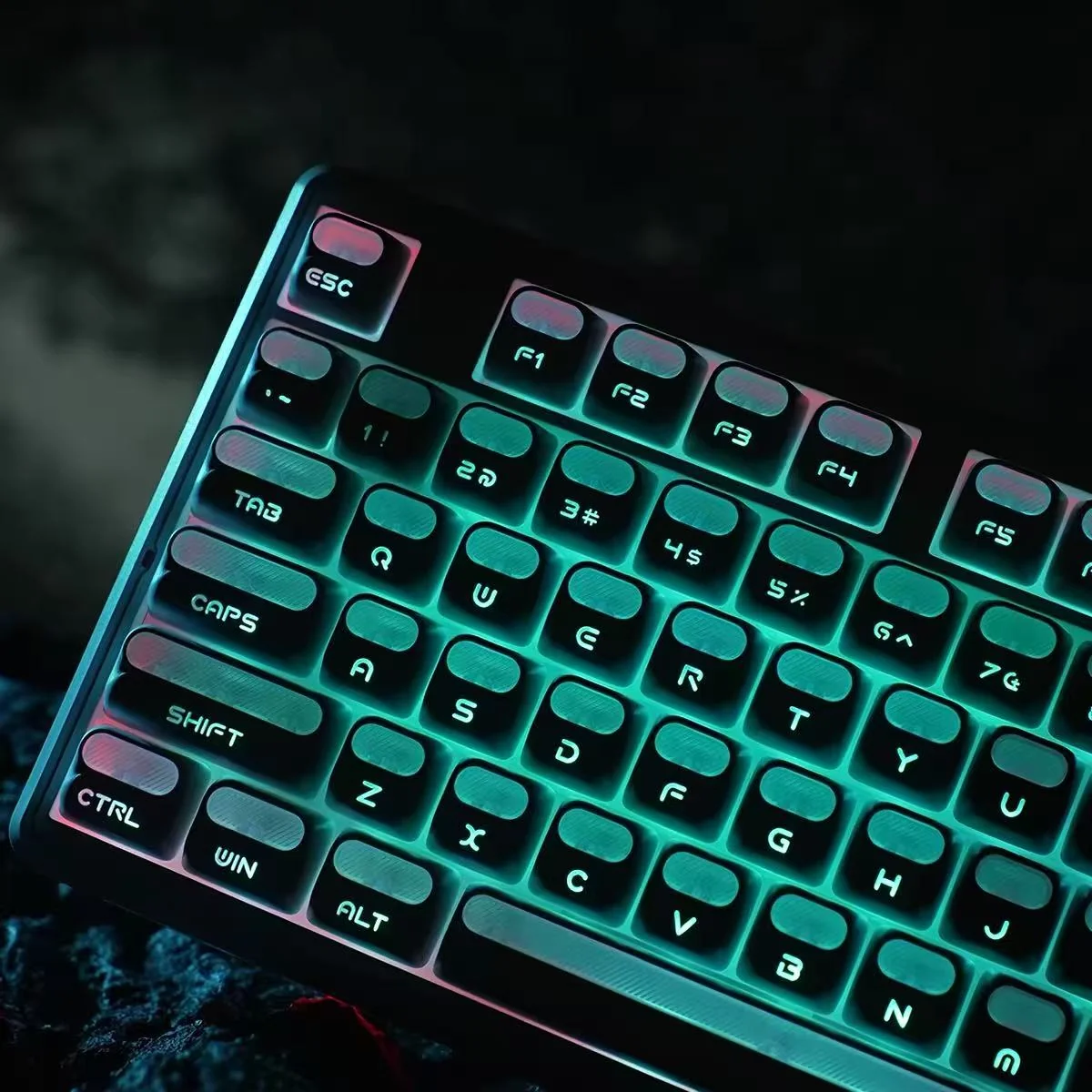 Angled view of Astronaut XDA keycaps, revealing translucent PBT+PC material. Crisp cosmic astronaut and nebula legends offer a premium celestial keyboard.