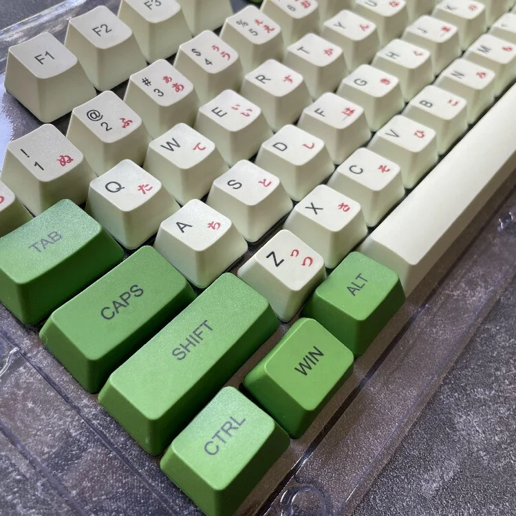 A close-up view of the complete Avocado Green Keycaps set, showcasing their fresh, natural aesthetic and minimalist design from a unique angle.