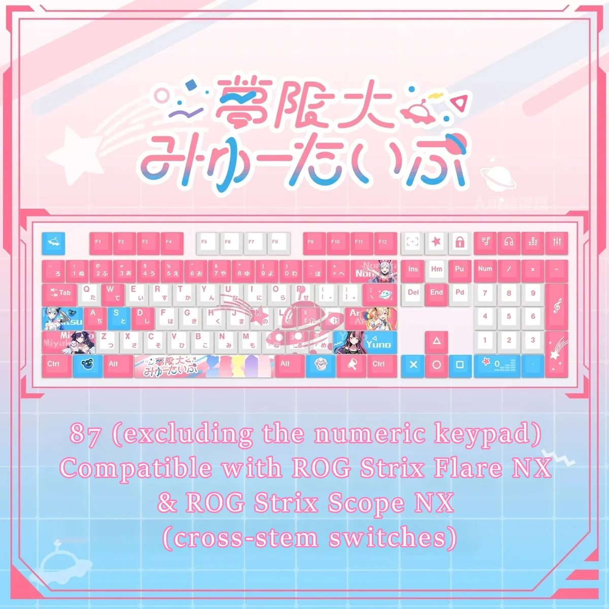 Close-up of vibrant BanG Dream!: Mugendai MewType anime keycaps, showcasing lively characters and musical notes from multiple playful angles on a mechanical keyboard.