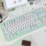 Whimsical PBT dye-sub bear & honey blossom keycaps set, featuring charming bears and delicate flowers in soft hues, viewed from different angles.
