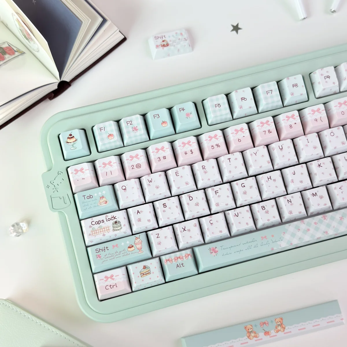 Whimsical PBT dye-sub bear keycaps set, showcasing charming honey blossom and floral in soft hues from various angles.