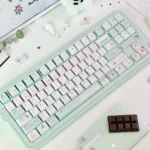 Close-up of whimsical PBT dye-sub bear keycaps featuring charming honey bears and delicate blossom flowers in soft, artistic hues.