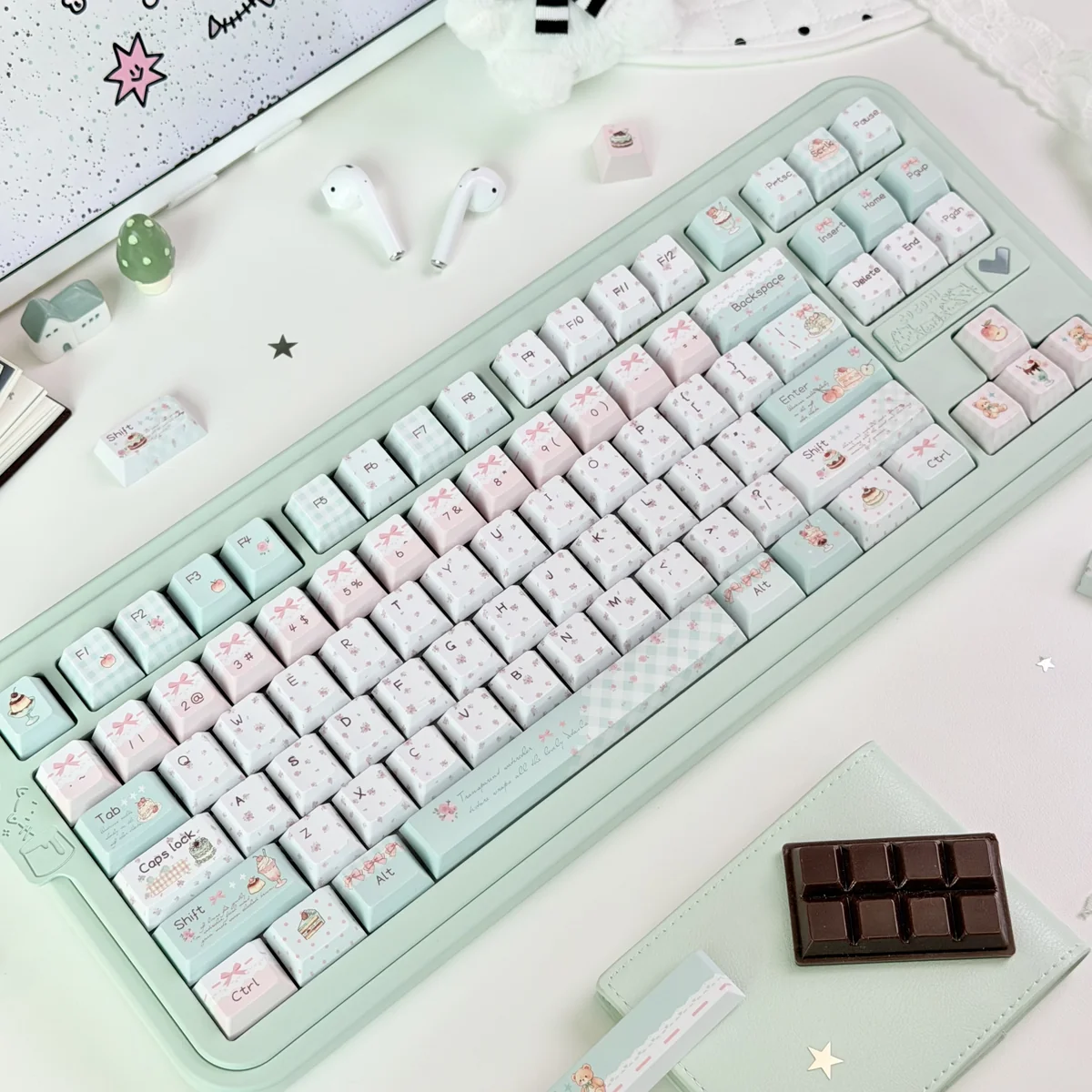 Close-up of whimsical PBT dye-sub bear keycaps featuring charming honey bears and delicate blossom flowers in soft, artistic hues.