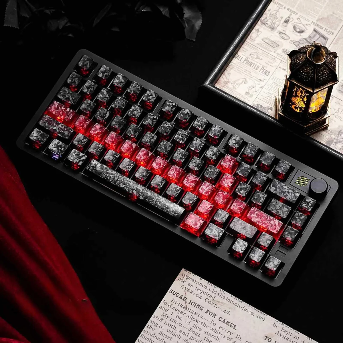 Black-Red Carbon Fiber keycaps with side-printed backlit legends and sharp red accents, showcasing the premium Cherry set from multiple angles.