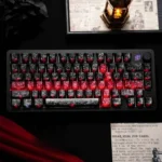 Black-Red Carbon Fiber Keycaps featuring a sophisticated black texture, sharp red accents, and bright side-printed backlit legends, perfect for a premium typing expience.