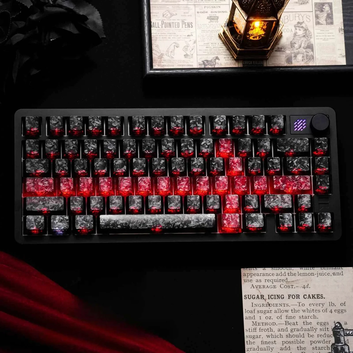 Black-Red Carbon Fiber Keycaps featuring a sophisticated black texture, sharp red accents, and bright side-printed backlit legends, perfect for a premium typing expience.