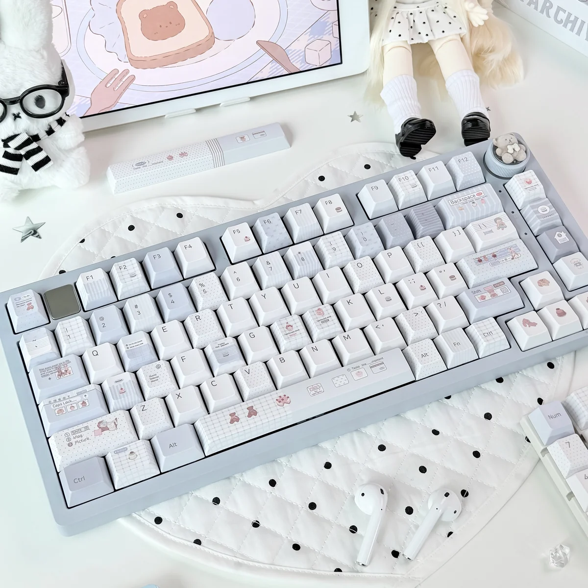 Whimsical Blue Bear Bake PBT Dye-Sub Cherry Keycap Set, showing cozy blue and bakery-inspired bear motifs from a new angle, highlighting premium quality.