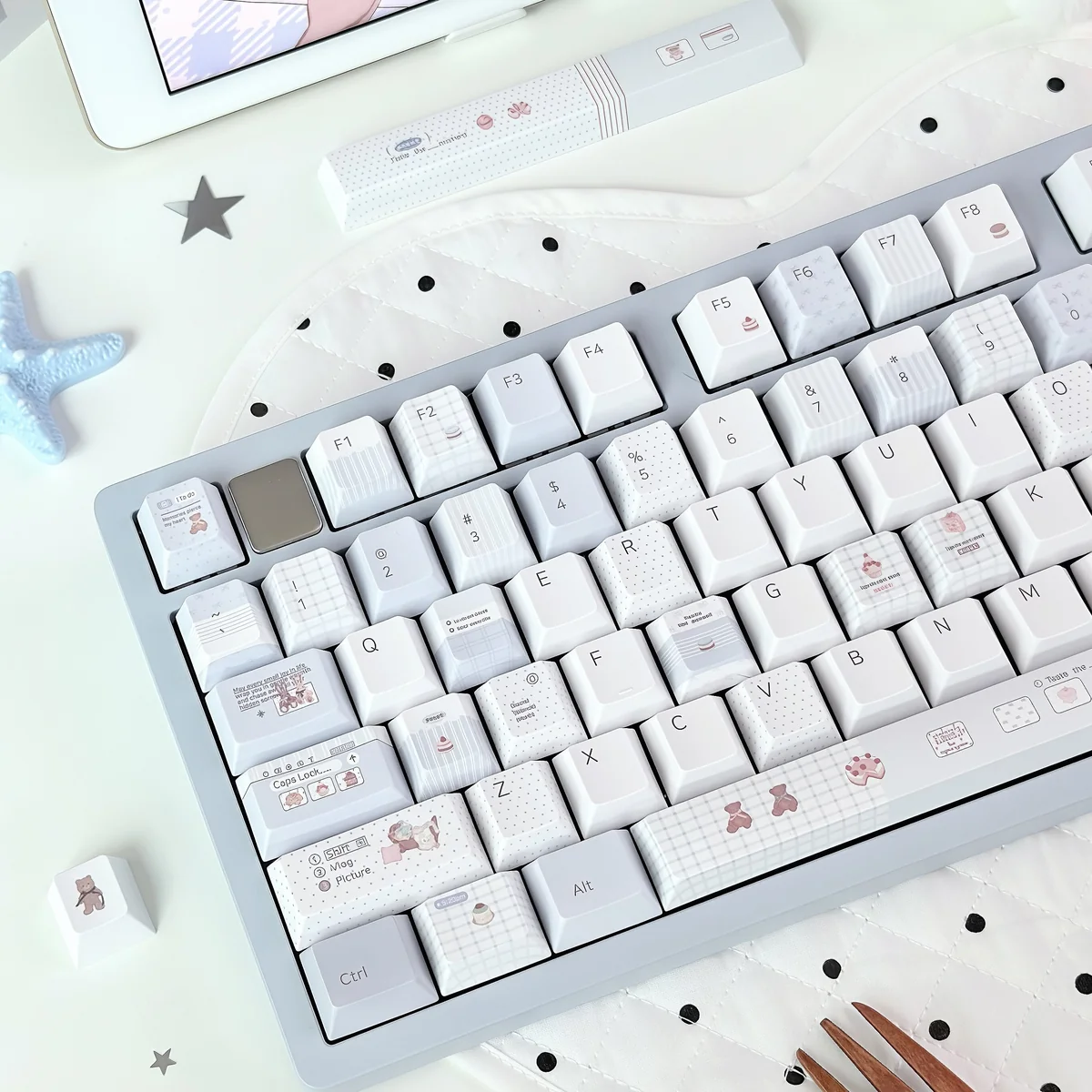 Close-up of the exclusive Whimsical Blue Bear Bake PBT Dye-Sub Cherry Keycap Set, highlighting the charming bear motifs and detailed bakery-inspired.