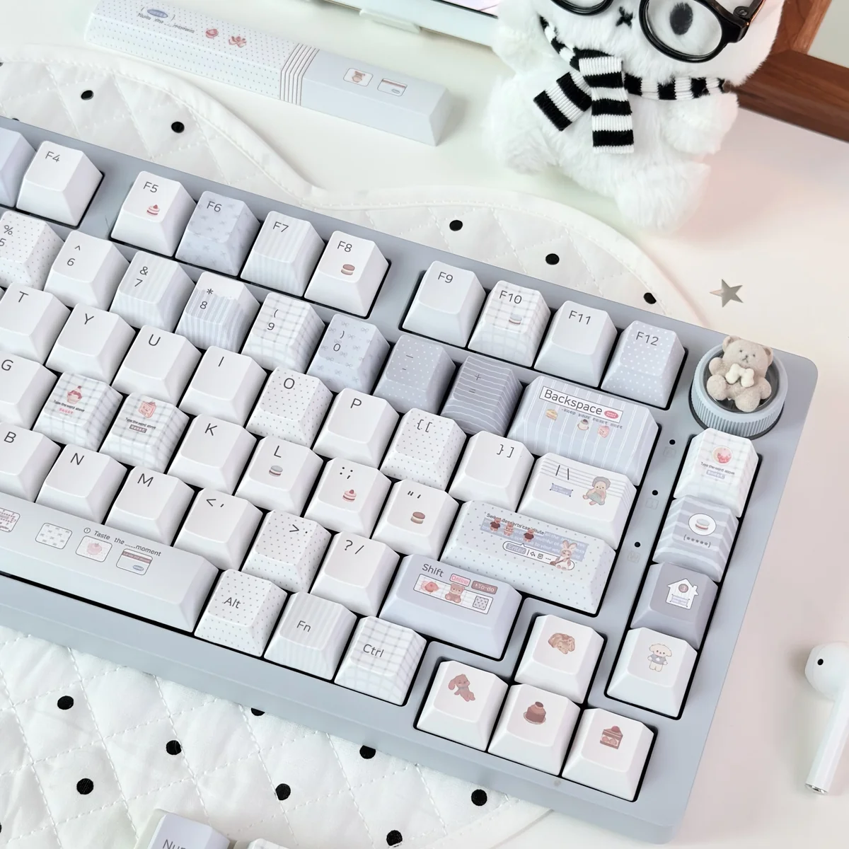 Whimsical Blue Bear Bake PBT Dye-Sub Cherry keycap set, displaying charming bear and bakery motifs in cozy blue hues across various keys.