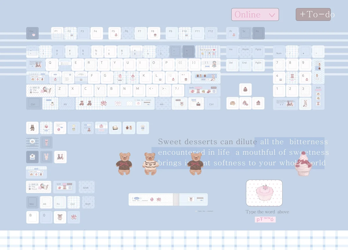 Exclusive Whimsical Blue Bear Bake PBT Dye-Sub Cherry keycap set, showcasing cozy blue hues and charming bakery-inspired bear motifs.