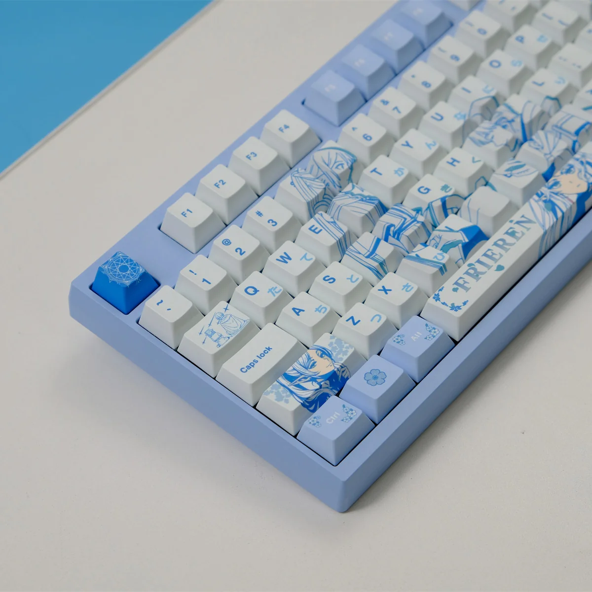 Frieren: Beyond Journey's End keycaps, a premium collection showcasing iconic characters and symbols with vibrant, lasting details from different angles.