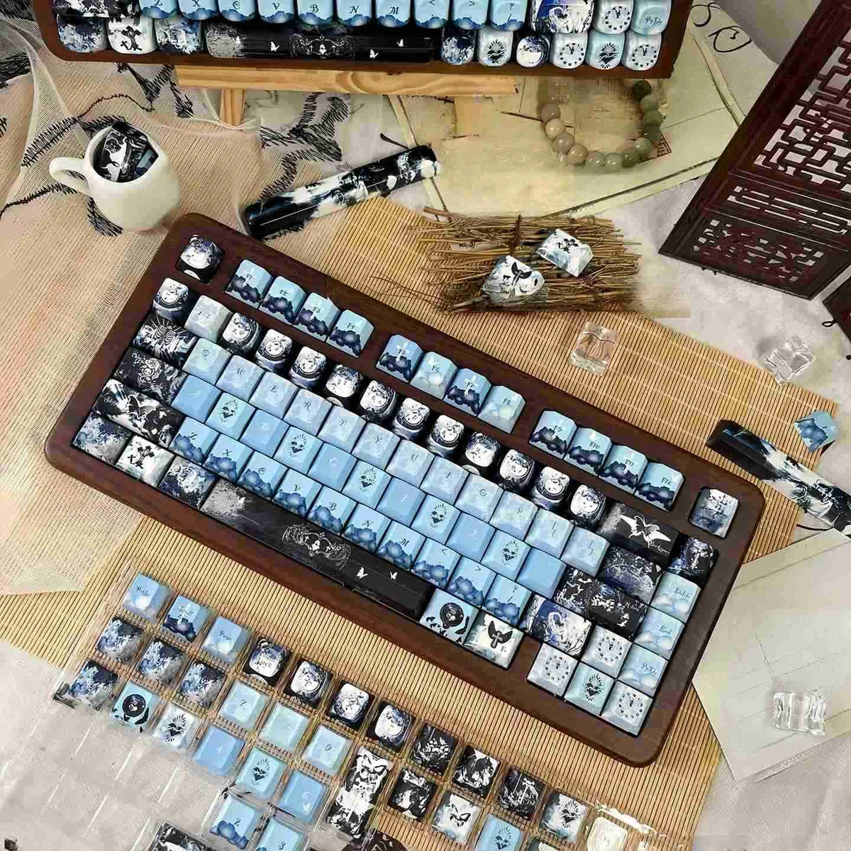 Angled view of Blue Mist PBT Dye-Sub keycaps, highlighting ethereal blue hues, subtle reflections, and mystical mist for dreamy keyboard art.