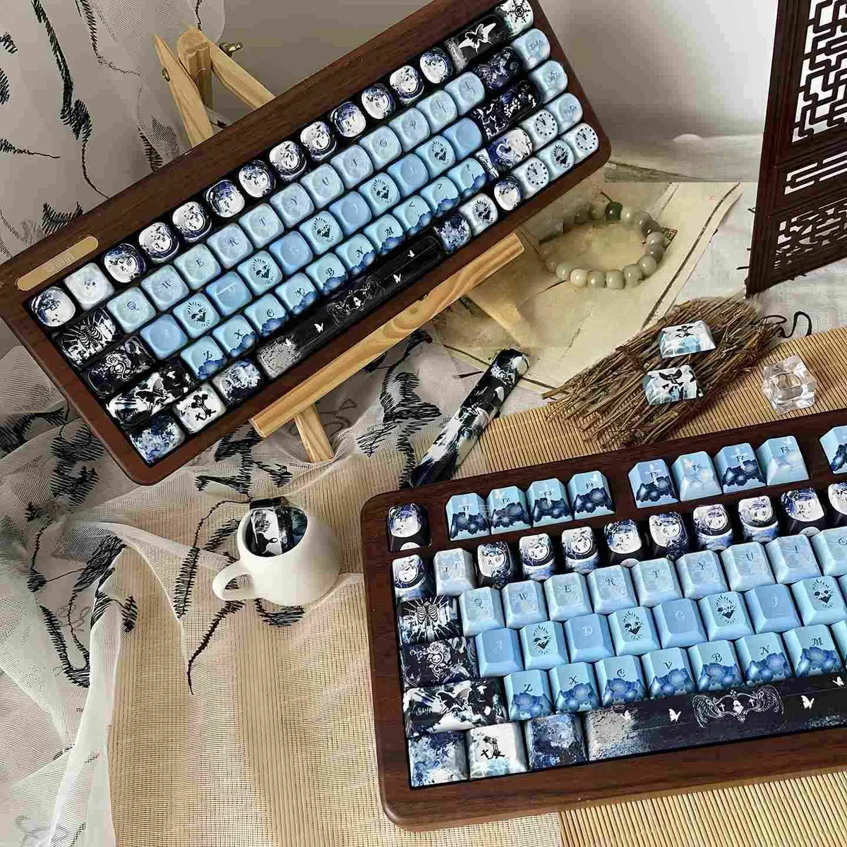 Ethereal Blue Mist PBT Dye-Sub Keycap Set from a unique angle, revealing dreamy blue hues and subtle reflections, an artistic keyboard accessory.