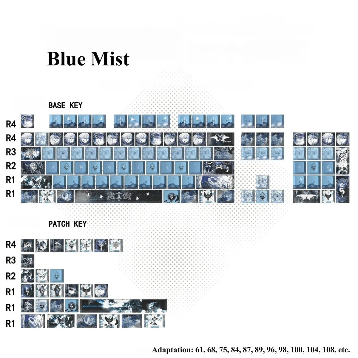 Blue Mist PBT Dye-Sub Keycaps, showing ethereal blue hues and subtle reflections, creating a dreamy, artistic keyboard aesthetic.