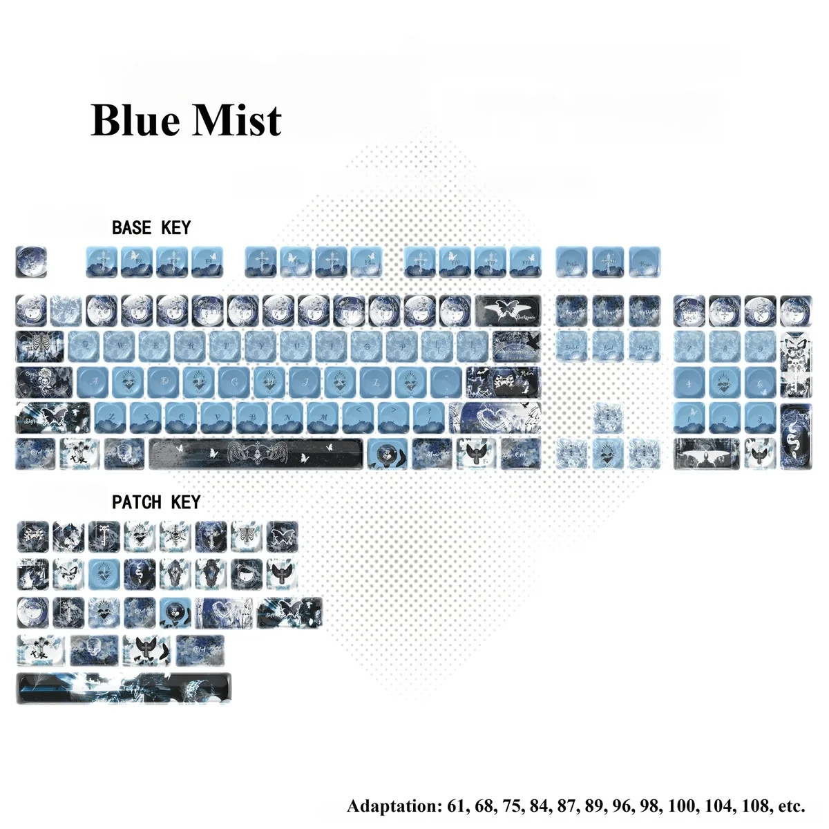 Ethereal Blue Mist PBT dye-sub keycaps, featuring a dreamy illusion mirror design for a mystical keyboard. Cherry profile.