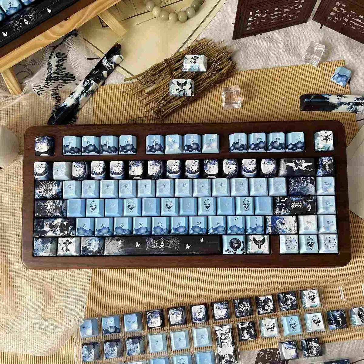 Ethereal Blue Mist PBT Dye-Sub Keycap Set, main image showcasing dreamy blue hues and subtle, misty reflections for a serene keyboard art aesthetic.