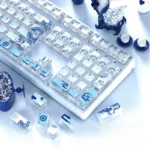 A collection of Blue & White Pottery ASA Keycaps, showcasing the exquisite blue and white porcelain gradient and translucent crystal effect from various artistry.