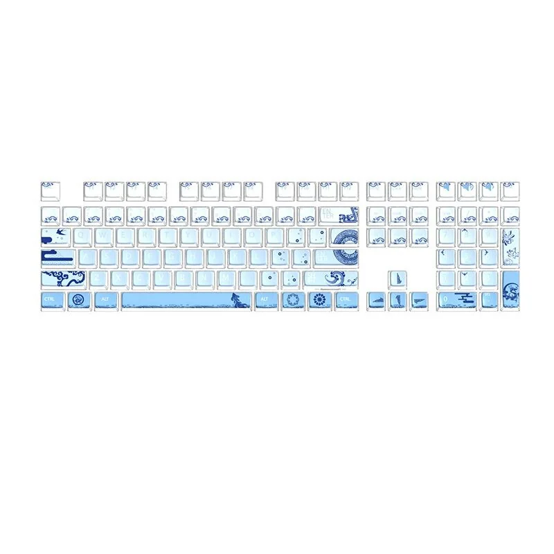 Main image of the exquisite Blue & White Pottery ASA Keycap Set, featuring a stunning translucent blue and white porcelain gradient design and modern crystal effect.