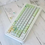 A collection of Jelly Green PC keycaps in MAO profile, showcasing their vibrant botanical journey design and smooth jade-like finish from various angles.