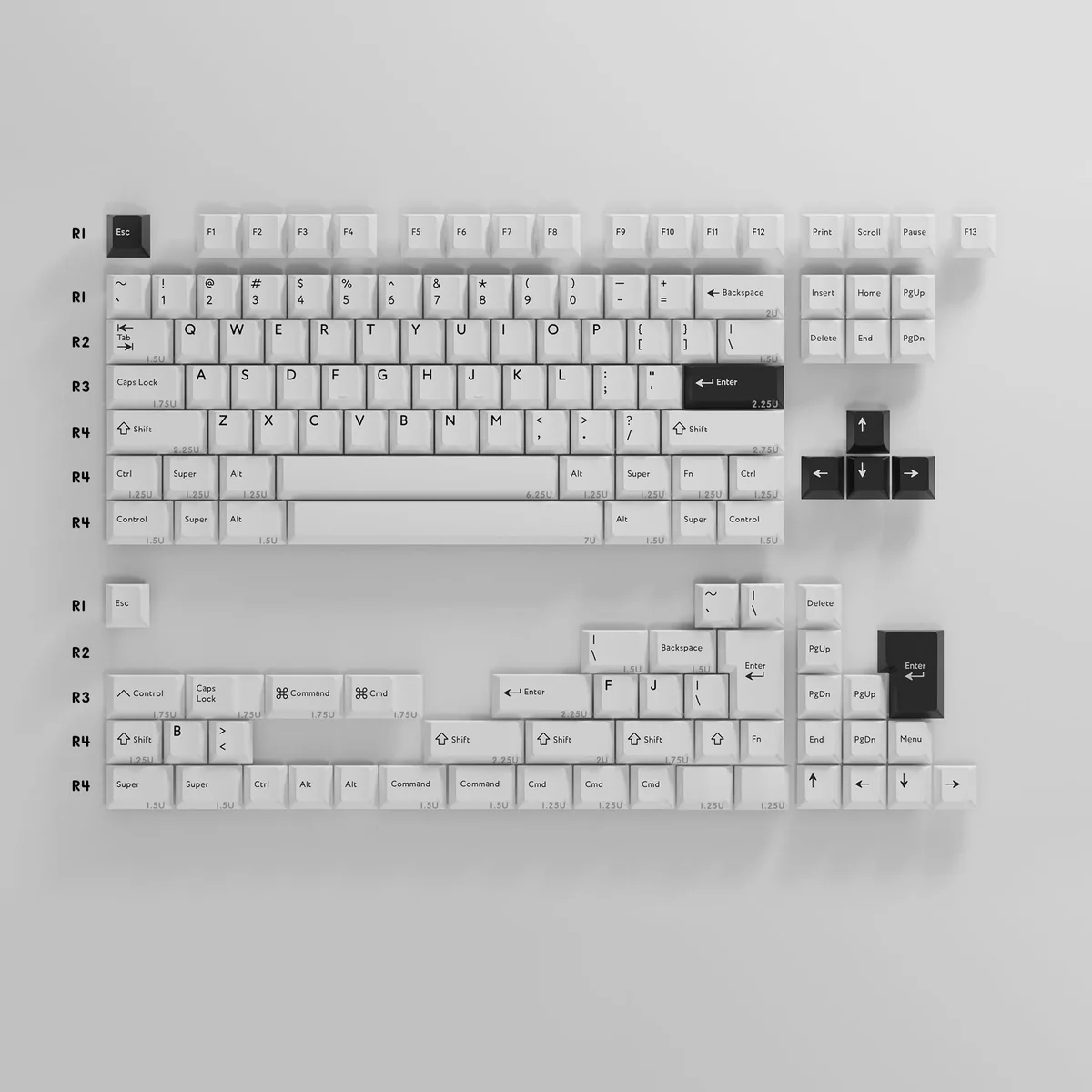 BOW Pure White Cherry Keycap Set: A pristine, minimalist pure white PBT dye-sub Cherry profile set, showcasing crisp legends and timeless elegance across various angles.