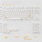 Artistic collection of handcrafted Brahma ceramic keycaps, showcasing unique spiritual motifs and pristine white ceramic from all angles.