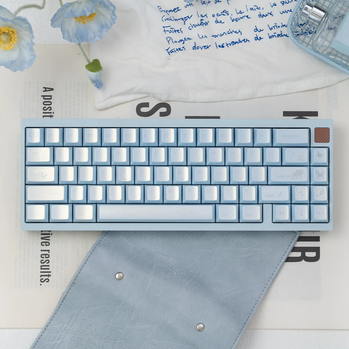 Brocade Of Drifting Light Cherry Keycap Set in a product gallery, revealing their ethereal shimmer, dynamic pearlescent colors, and durable anti-fade pearl finish.