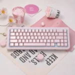 Brocade Of Drifting Light Cherry Keycap Set, dynamic pearlescent colors, iridescent pearl finish. Durable anti-fade characters, luxurious light play.
