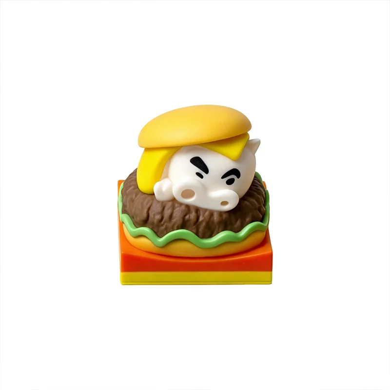 Whimsical Crayon Shin-Chan Buriburizaemon artisan keycaps, showcasing various angles of the delightful burger and waffle designs.