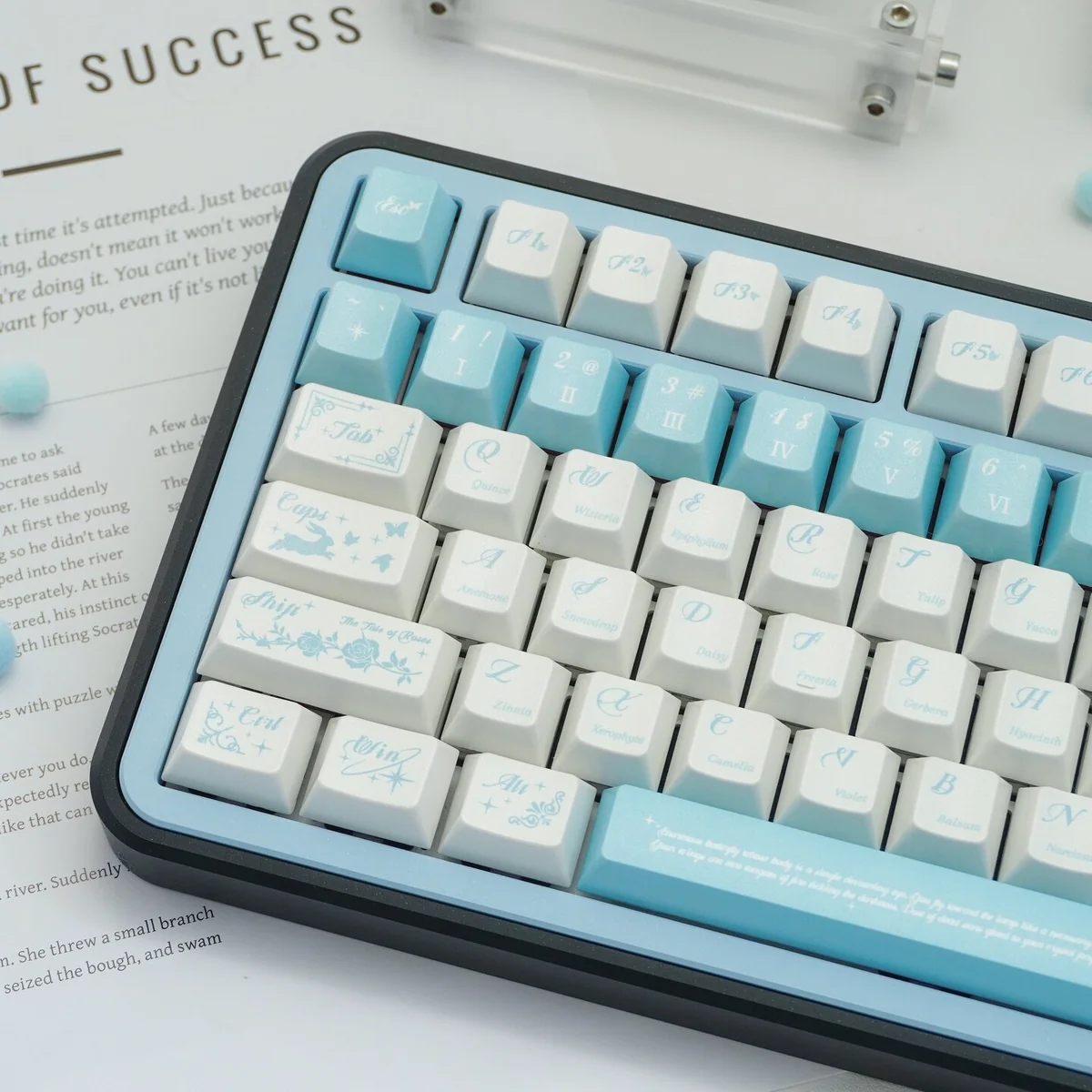 Butterfly Lovers Keycaps from various angles, revealing their shimmering iridescent blue-white pearlescent finish and delicate butterfly artisty.