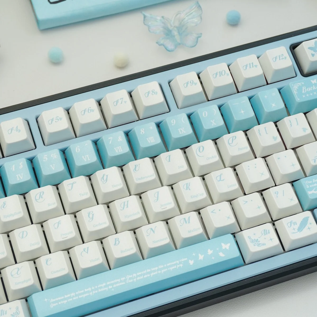 Butterfly Lovers Keycaps set showcasing pearlescent artistry. Premium PBT keycaps with iridescent blue-white hues and delicate butterfly design.