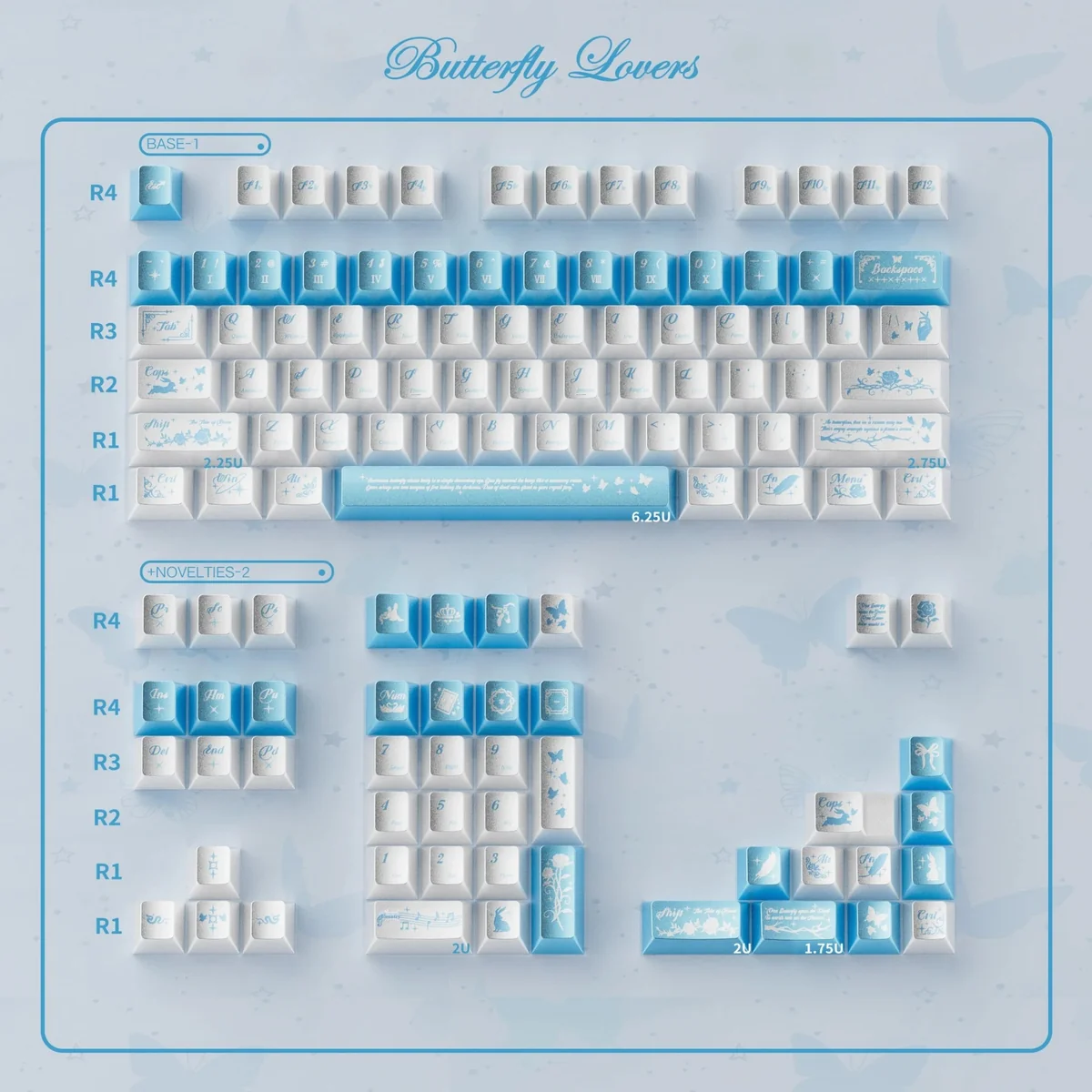 A collection of Butterfly Lovers Keycaps showcasing their iridescent blue-white pearlescent finish and delicate artistry from various angles.
