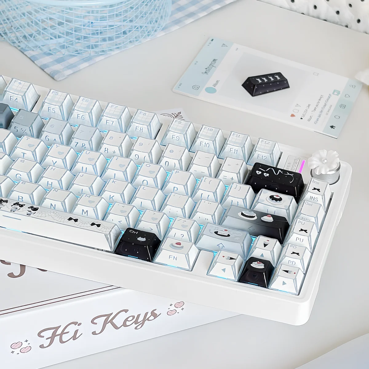Close-up of the Whimsical Cat Baker PBT Dye-Sub Keycap Set, showcasing charming feline bakers in pastel kitchen scenes from various angles.