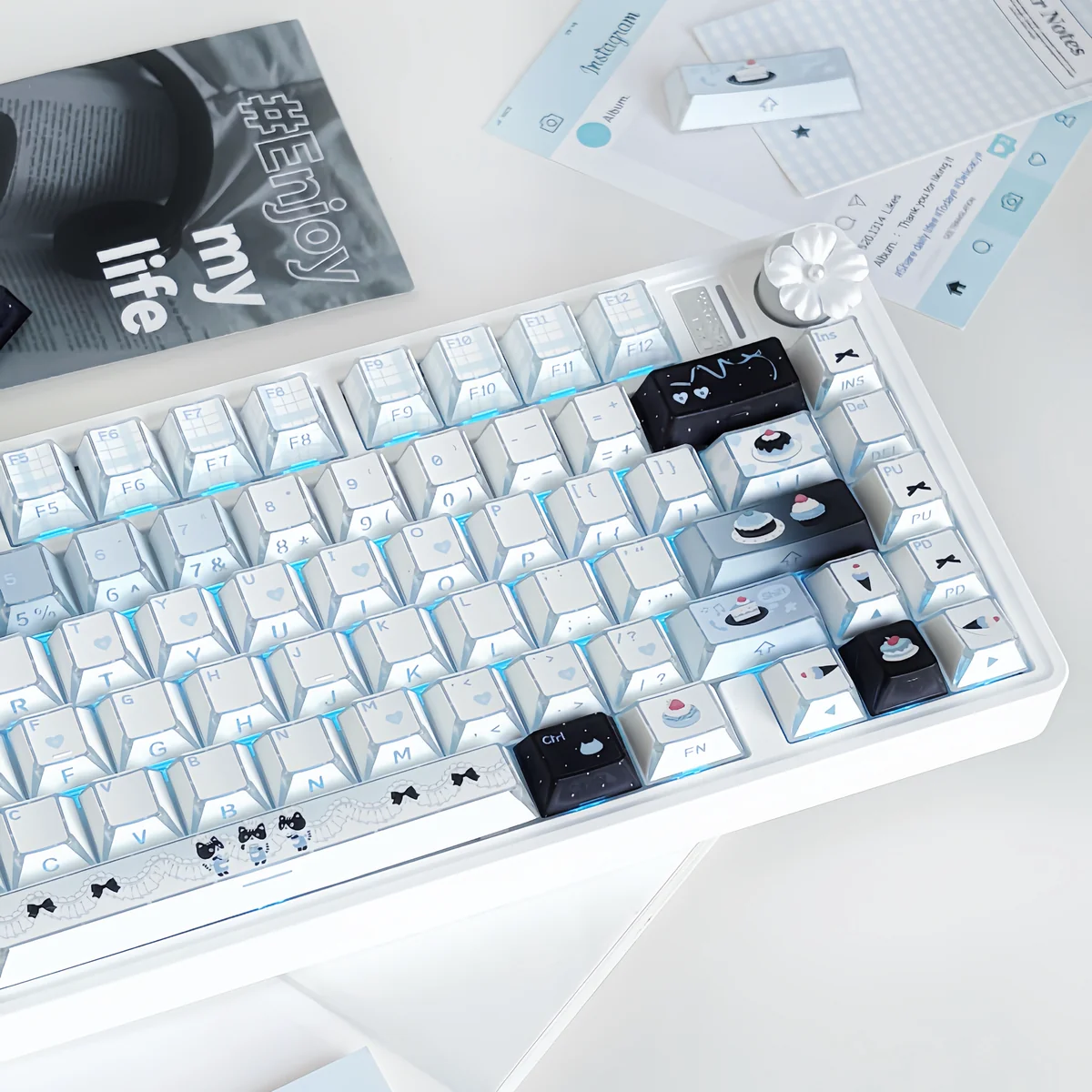 Close-up of charming cat baker PBT dye-sub keycaps, showcasing intricate pastel culinary details and a whimsical kitchen scene from a unique angle.